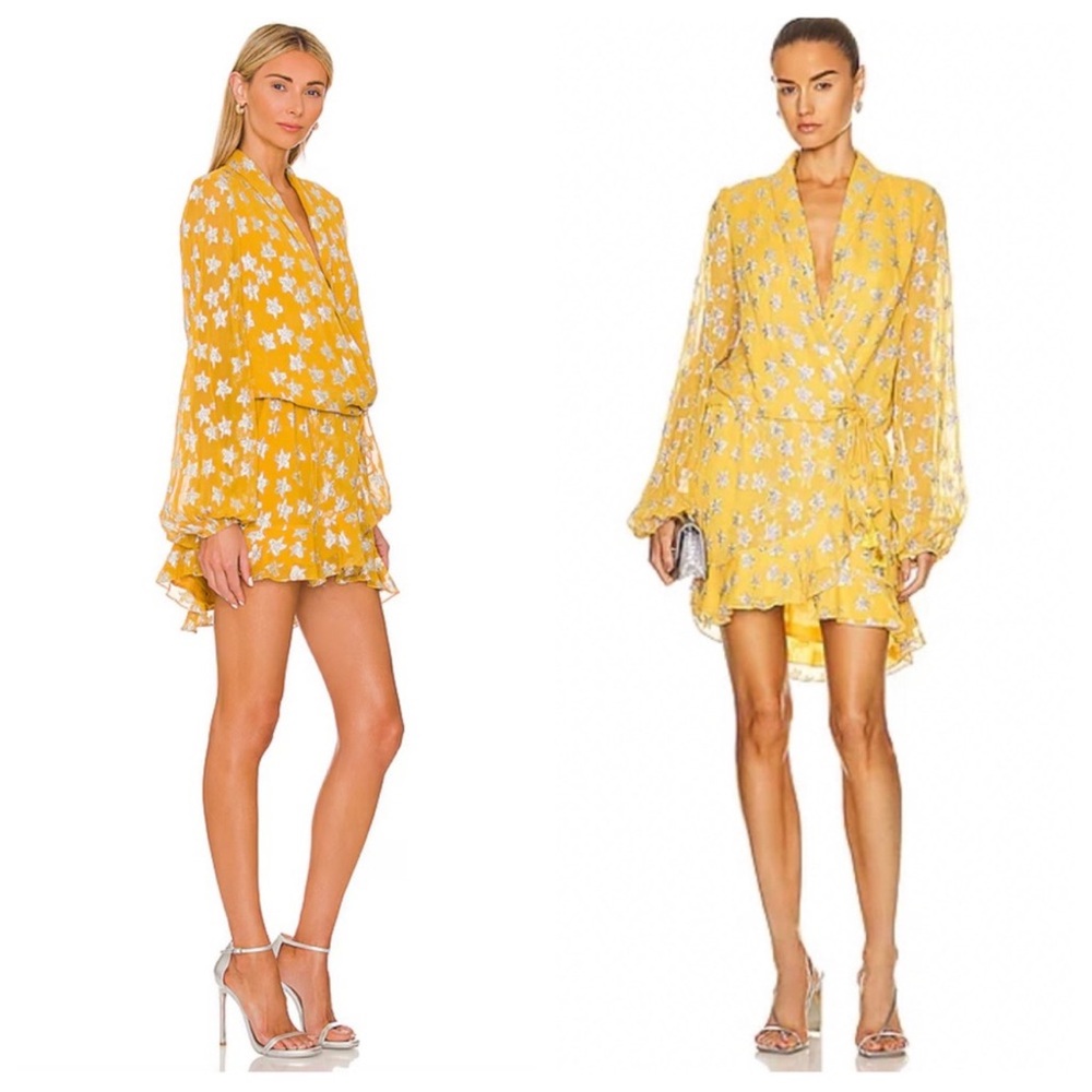 Rococo Sand Yellow with Silver Star Print Vega Dress Sz S , petite Revolve